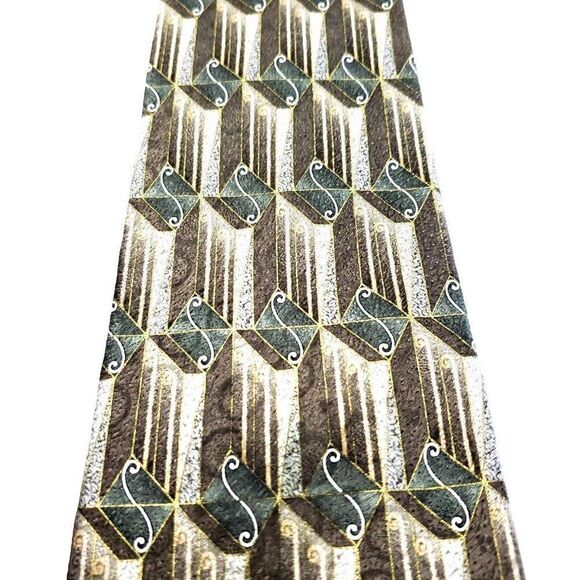 Stafford Executive Silk Tie Brown Green Geometric Print Wide - Picture 2 of 6